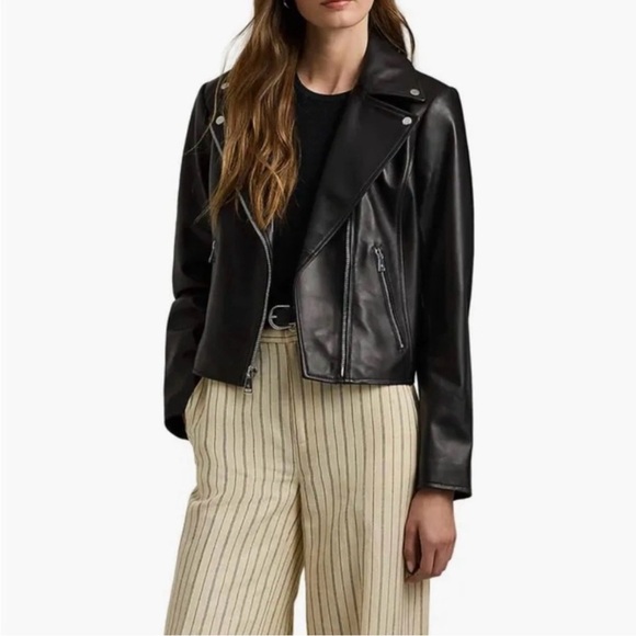 NWT Lauren Ralph Lauren Asymmetrical Lamb Leather Moto Jacket Black Size XXL